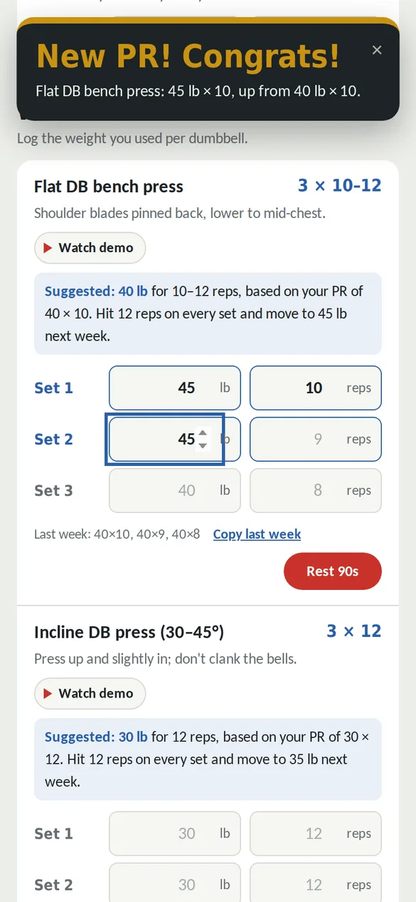 Logging sets with a New PR celebration