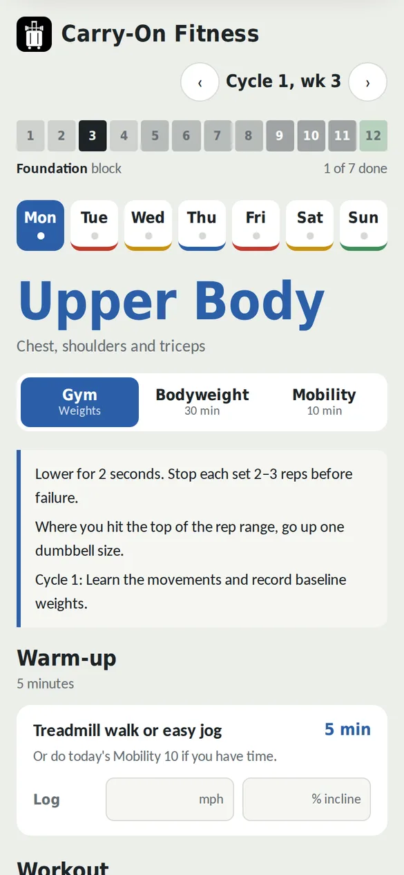 Weekly plan showing Monday's upper body workout