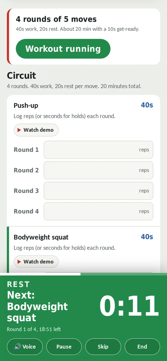 Guided timer in a green rest interval