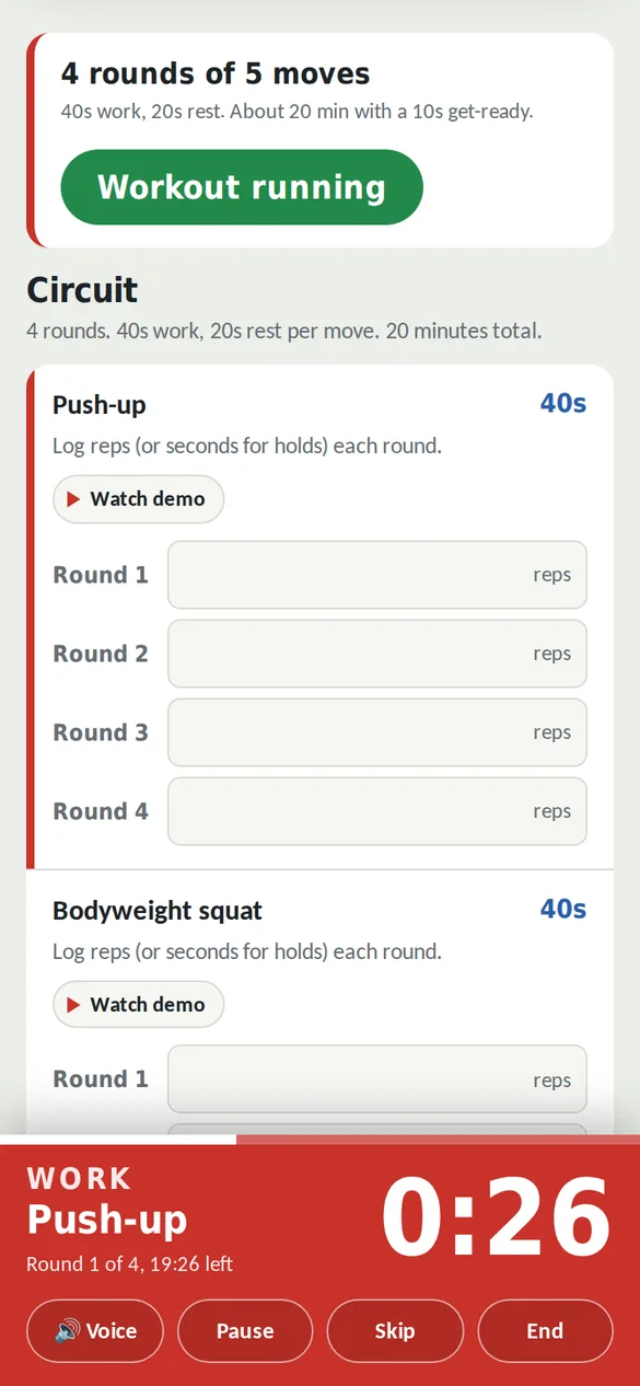 Guided bodyweight timer in a red work interval